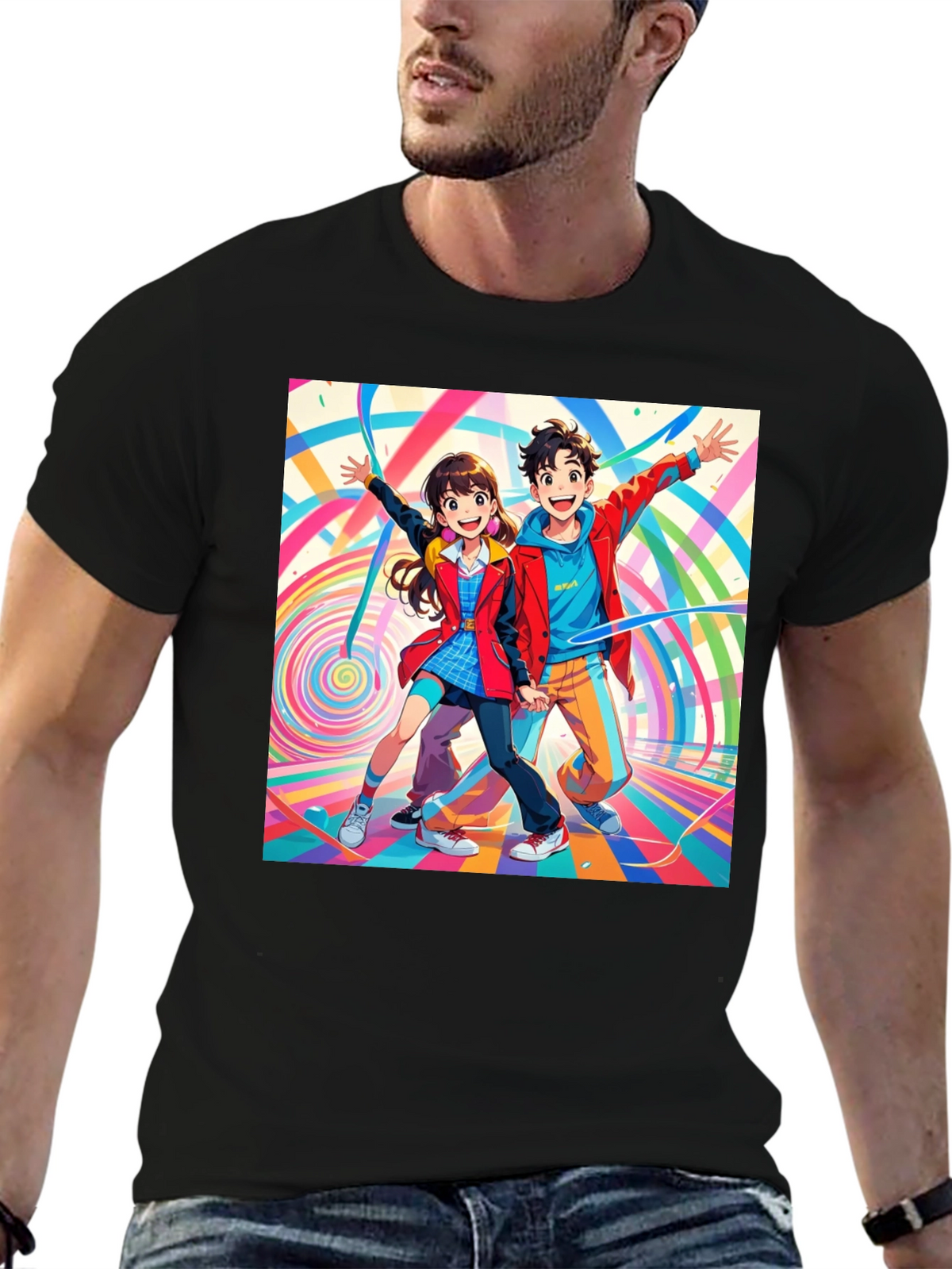 Anime Couple Graphic Print Black T-Shirt