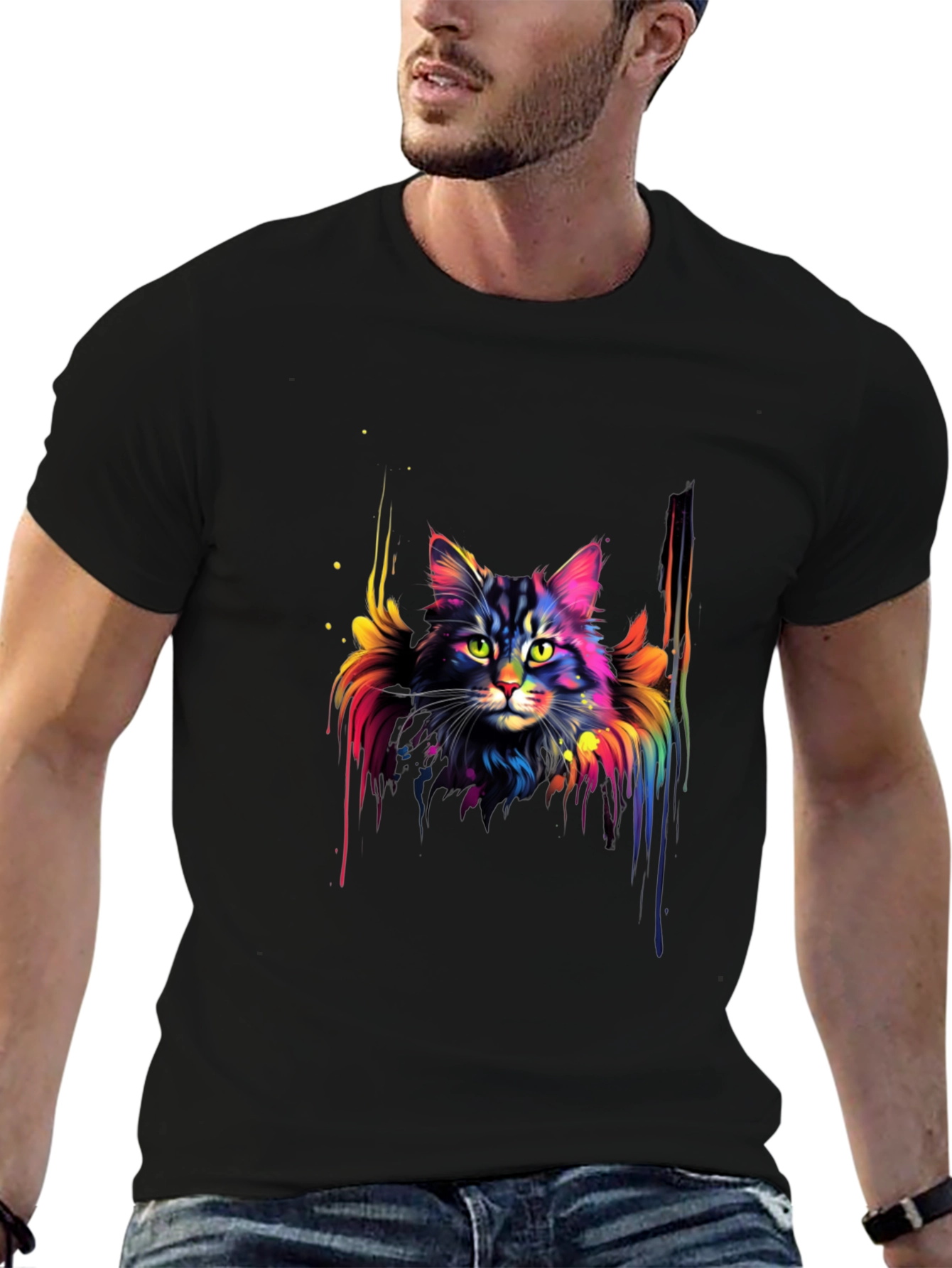 Rainbow Cat Graphic Black T-Shirt