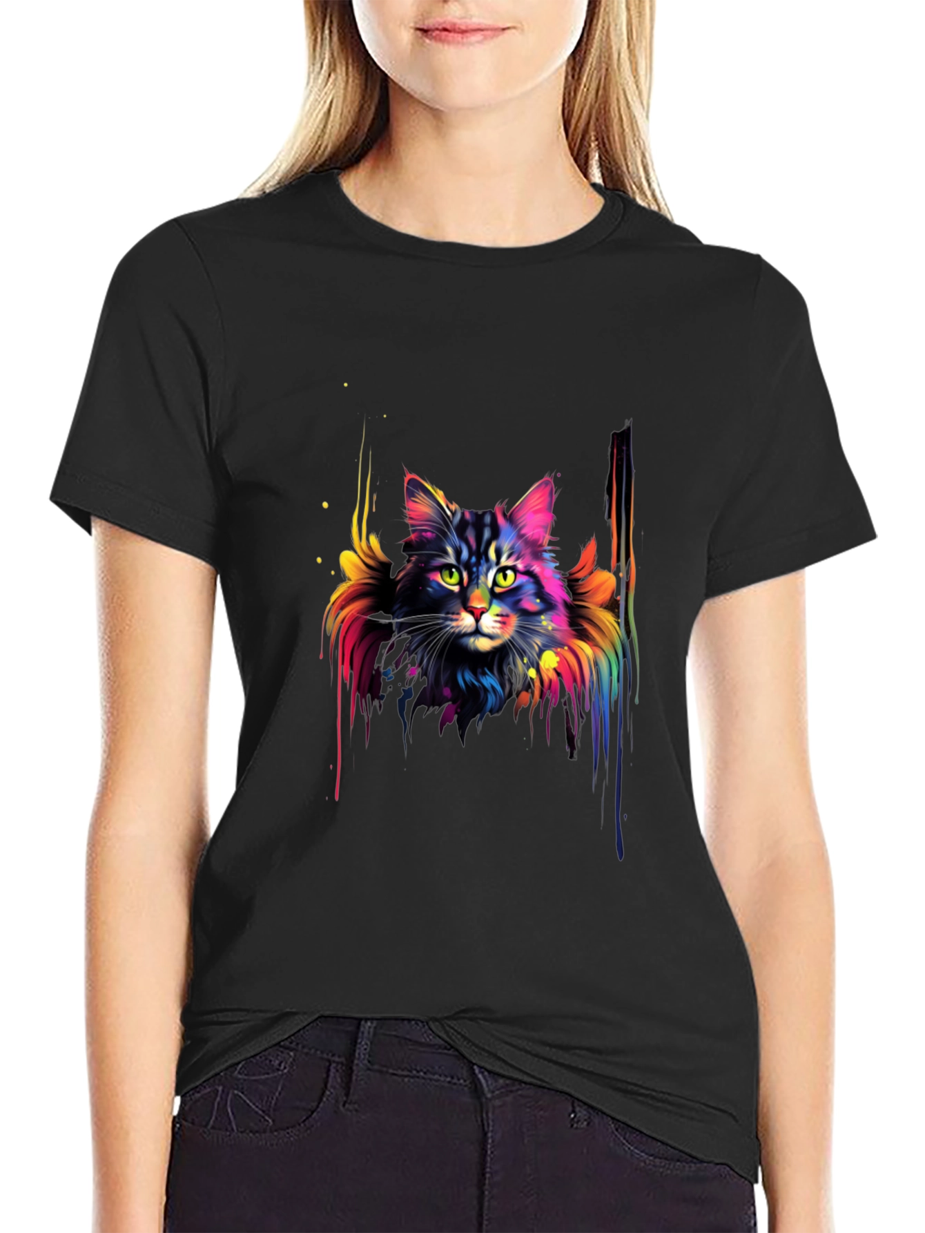 Rainbow Cat Graphic Black T-Shirt