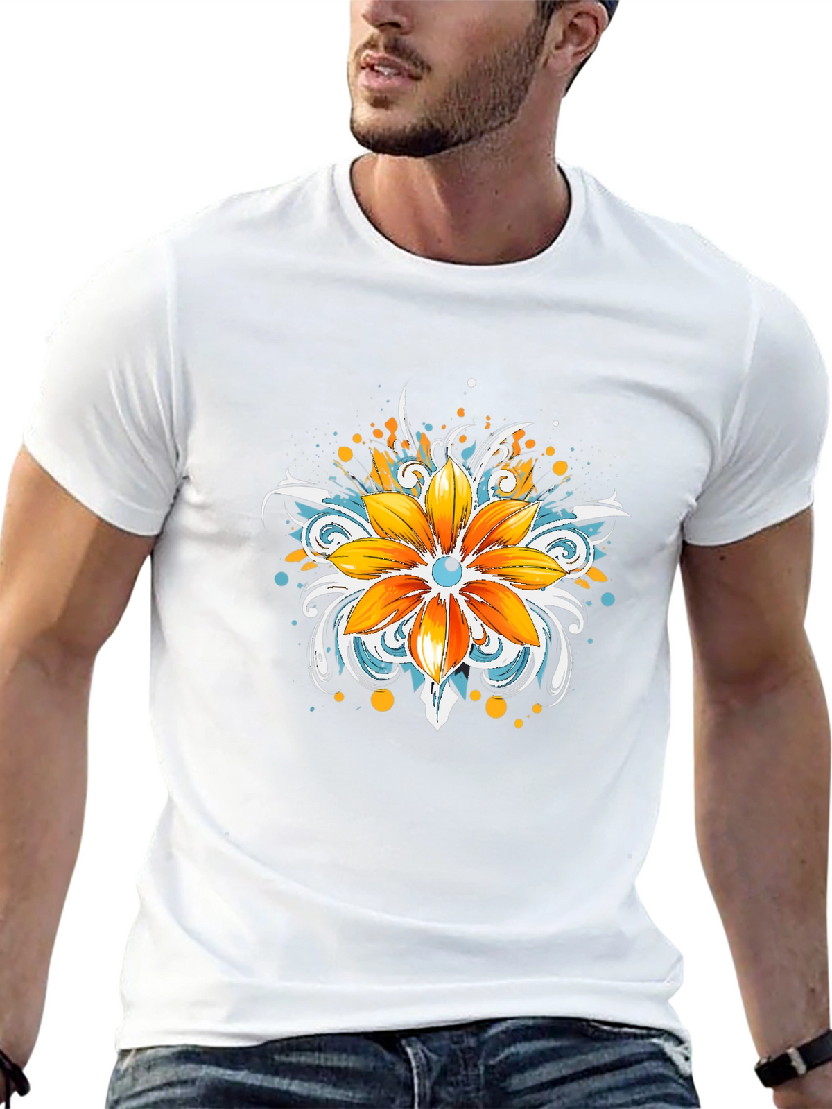 Mens Black T-Shirt with Floral Graphic