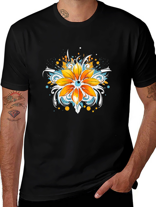 Mens Black T-Shirt with Floral Graphic