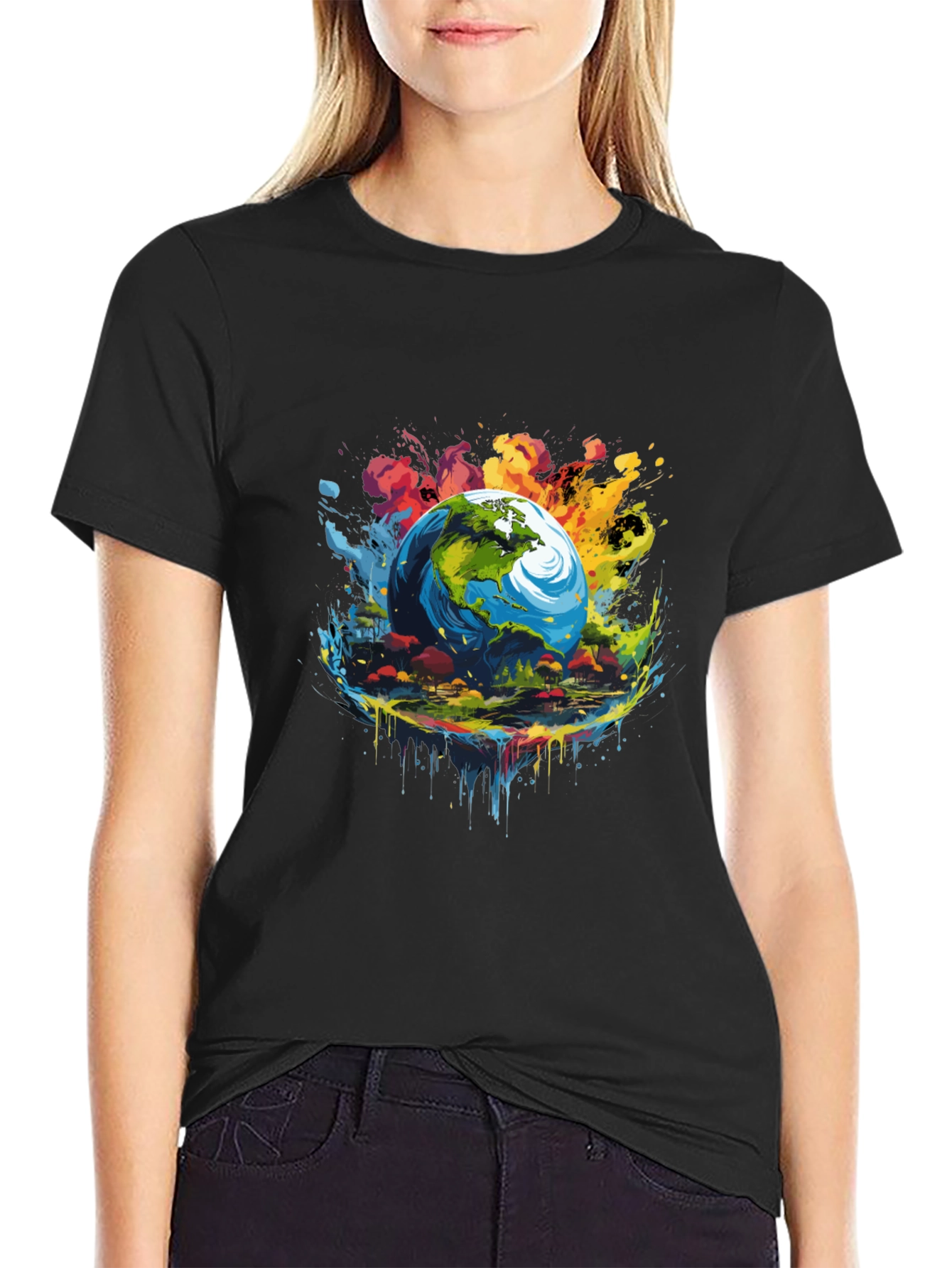 Earth Globe Graphic Print Black T-Shirt
