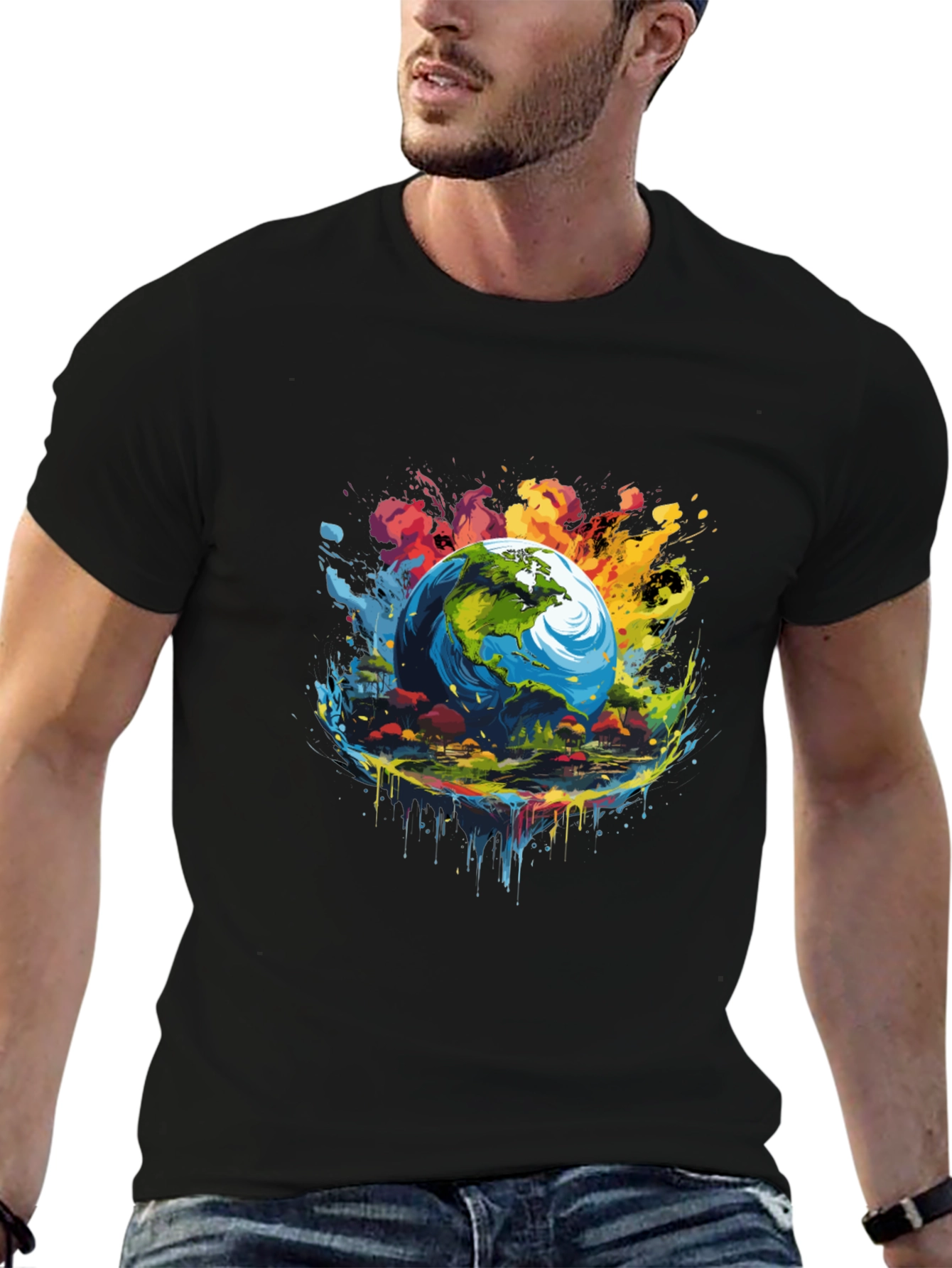 Earth Globe Graphic Print Black T-Shirt