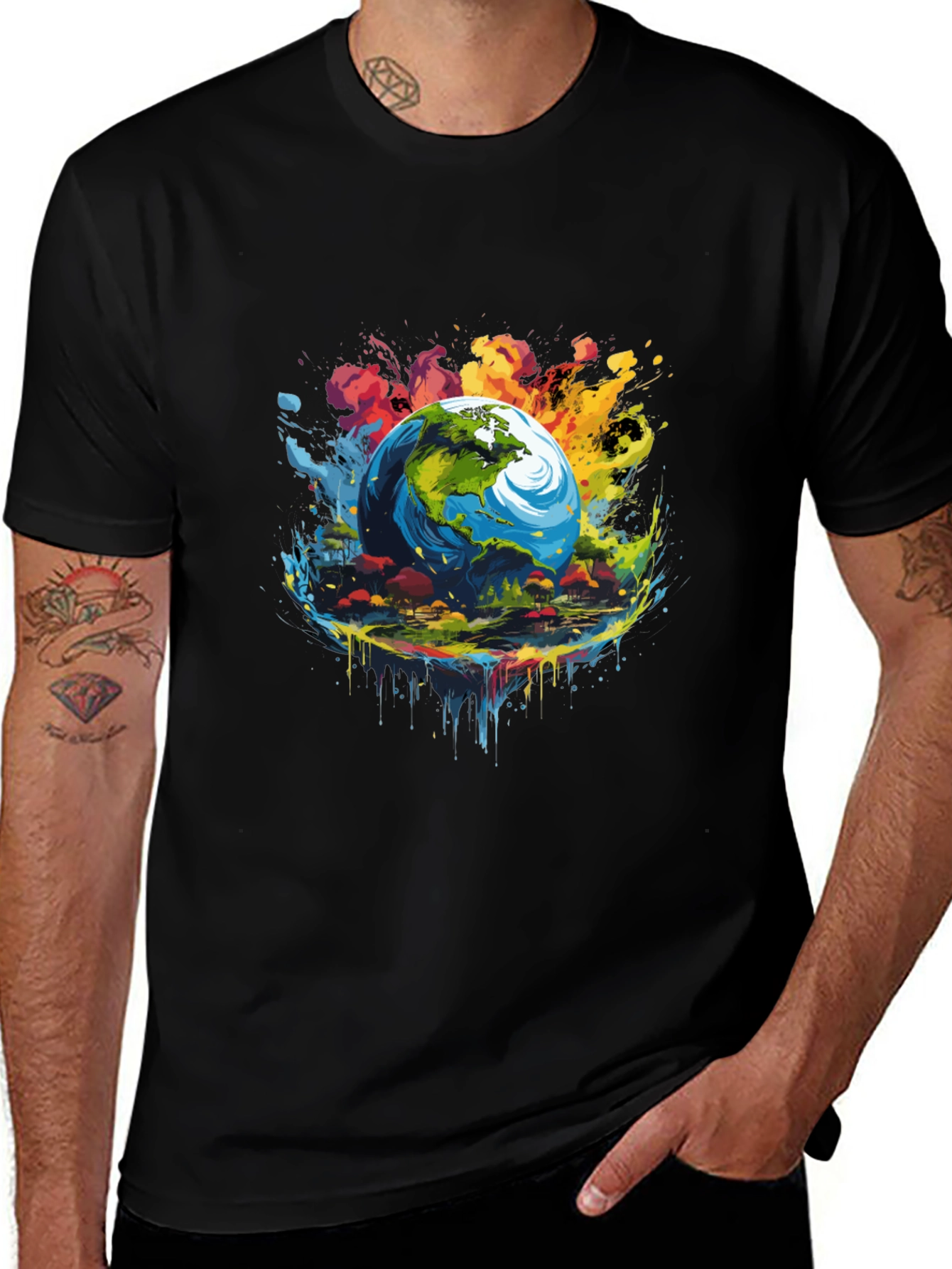 Earth Globe Graphic Print Black T-Shirt