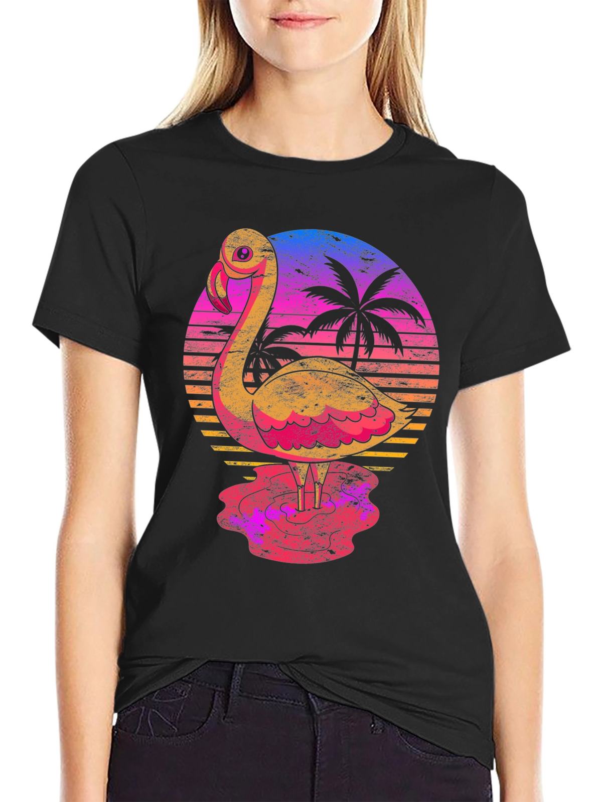Retro Flamingo Sunset T-Shirt - Tropical Palm Tree Design