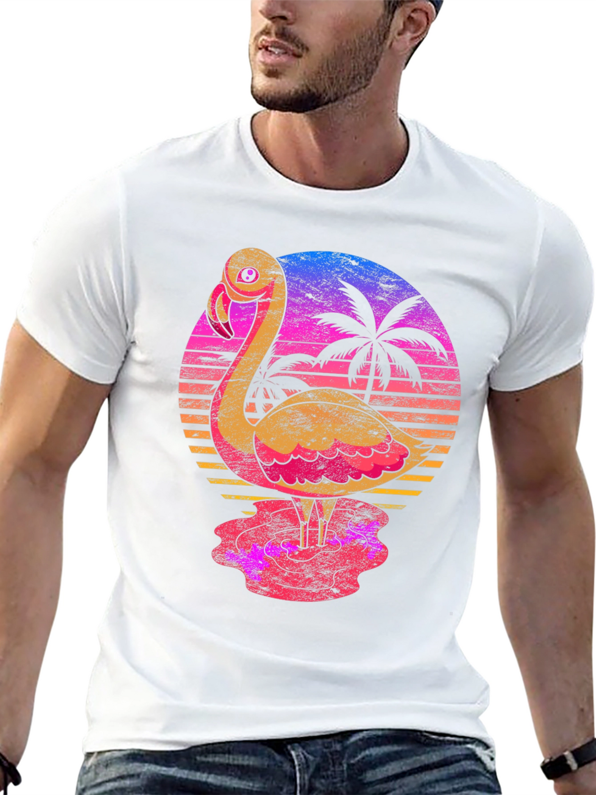 Retro Flamingo Sunset T-Shirt - Tropical Palm Tree Design