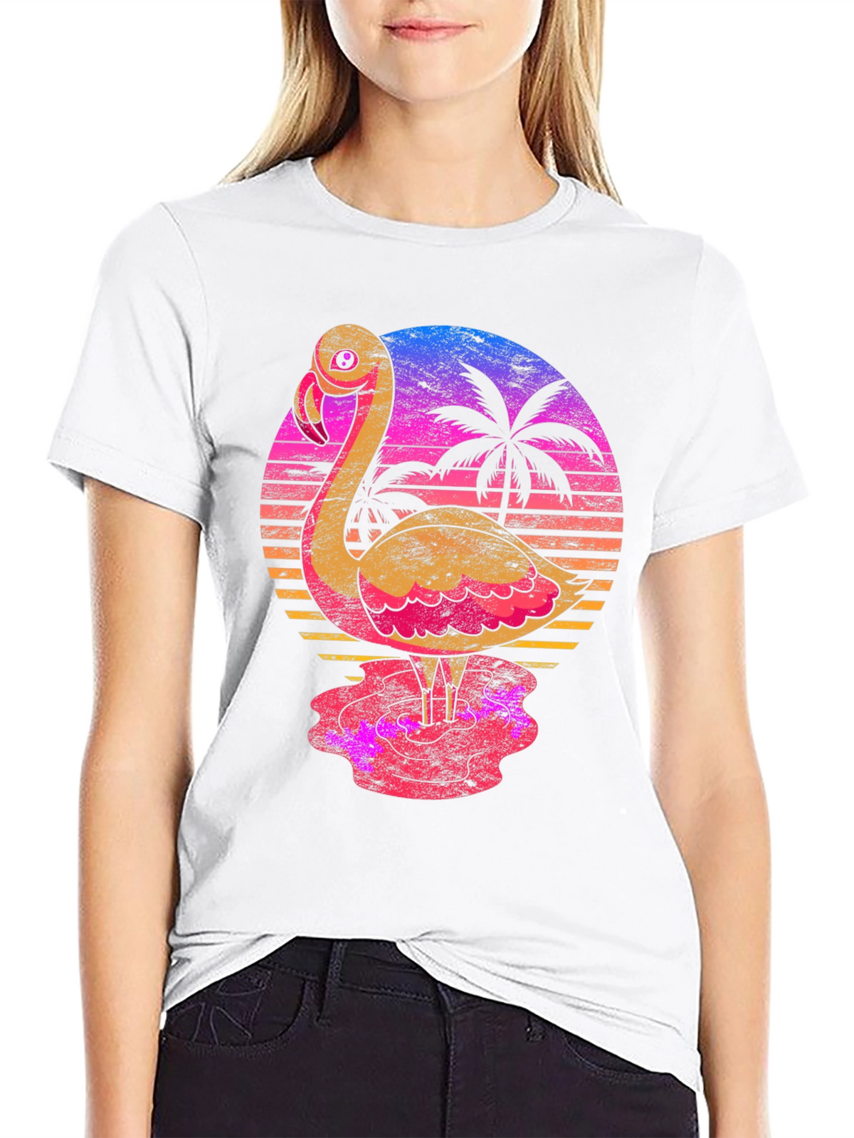 Retro Flamingo Sunset T-Shirt - Tropical Palm Tree Design