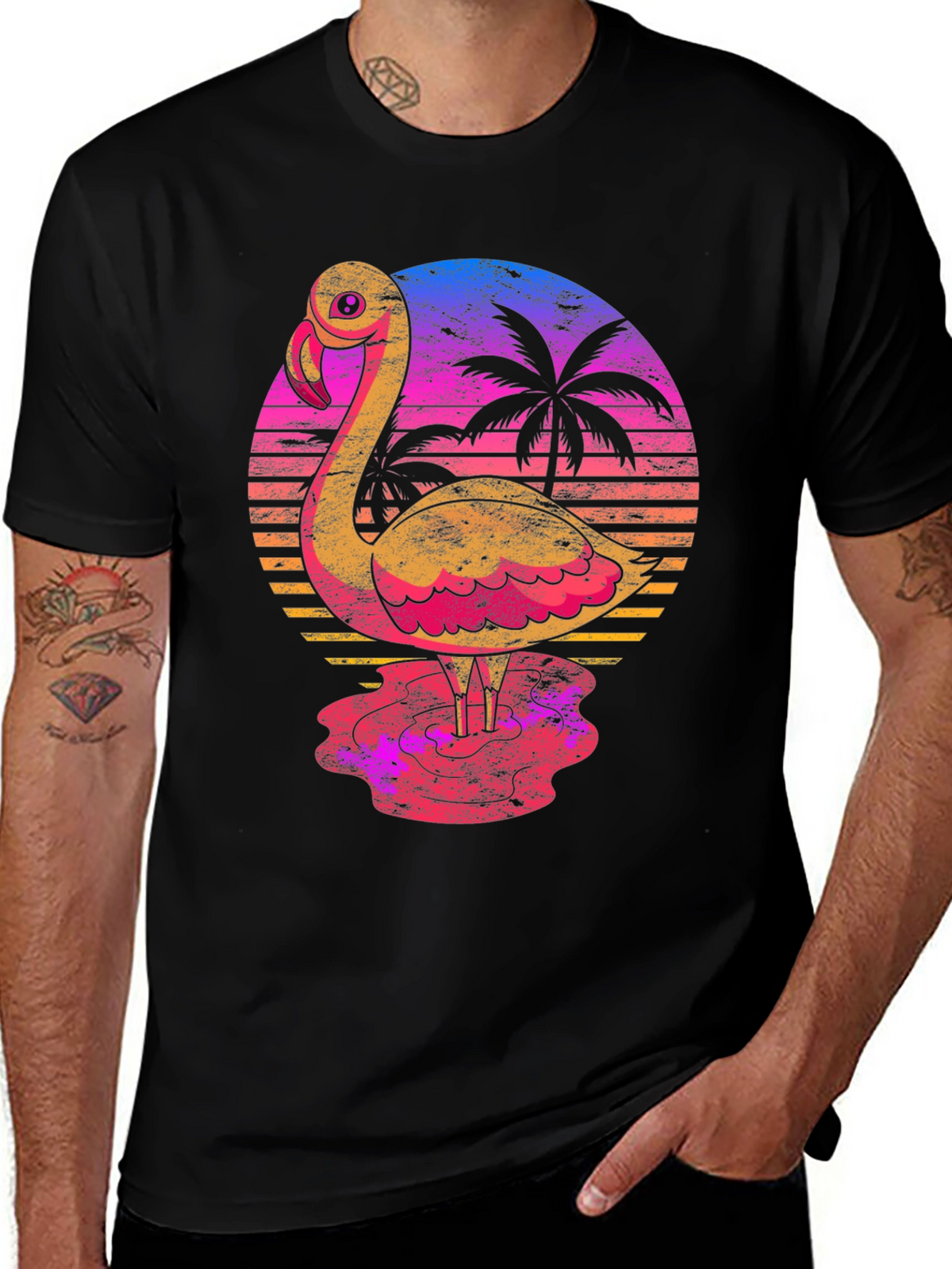 Retro Flamingo Sunset T-Shirt - Tropical Palm Tree Design