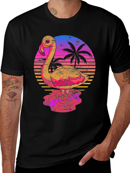 Retro Flamingo Sunset T-Shirt - Tropical Palm Tree Design