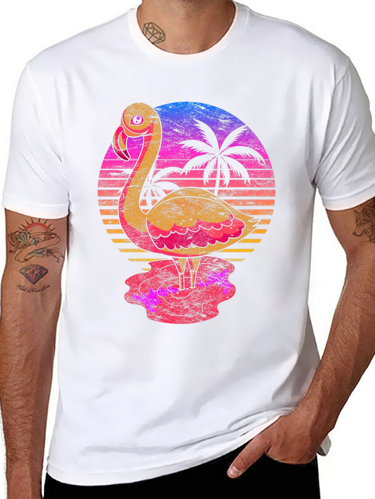 Retro Flamingo Sunset T-Shirt - Tropical Palm Tree Design