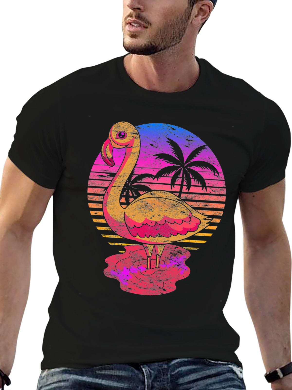 Retro Flamingo Sunset T-Shirt - Tropical Palm Tree Design