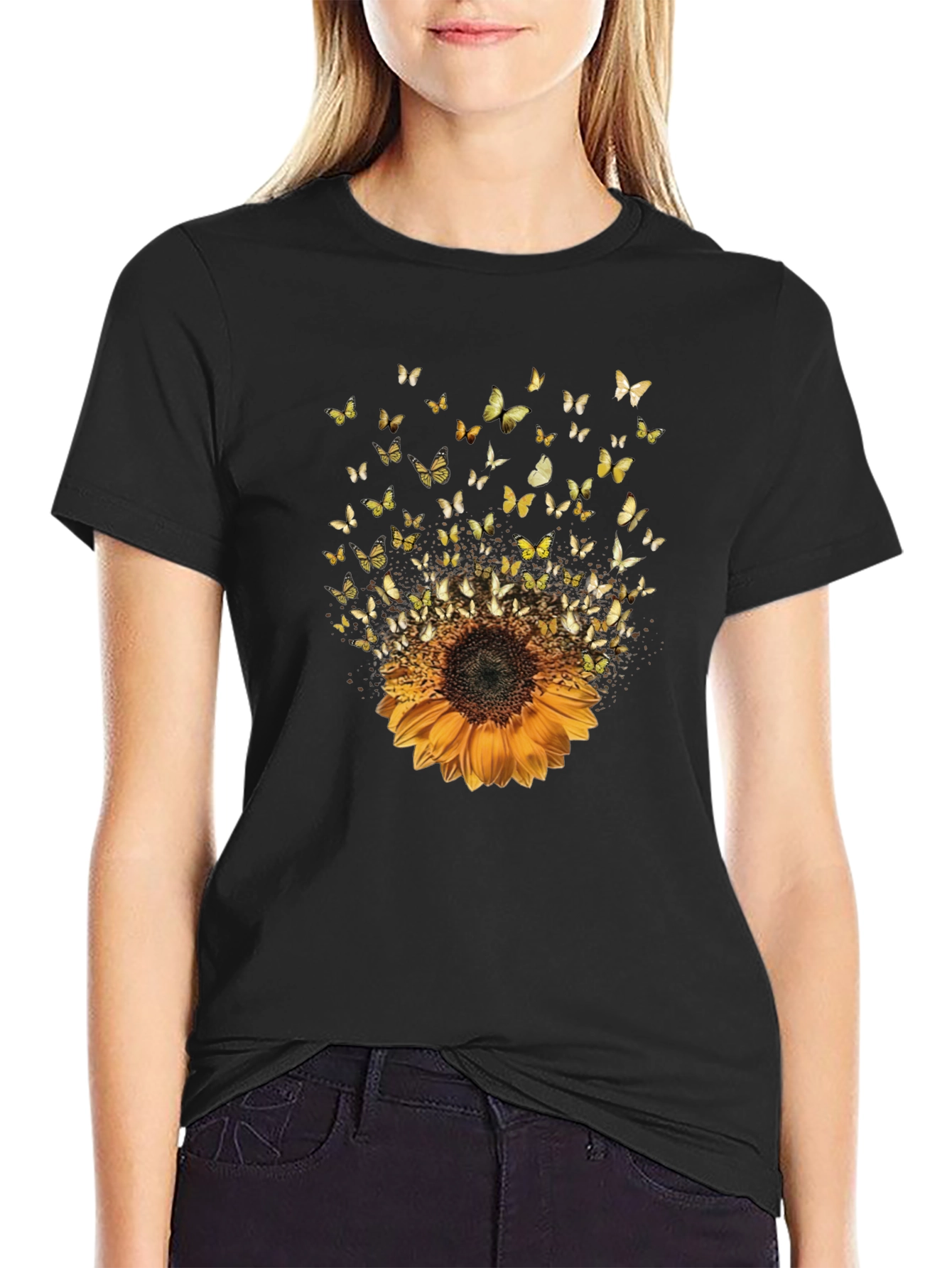 Sunflower Butterfly Black T-Shirt