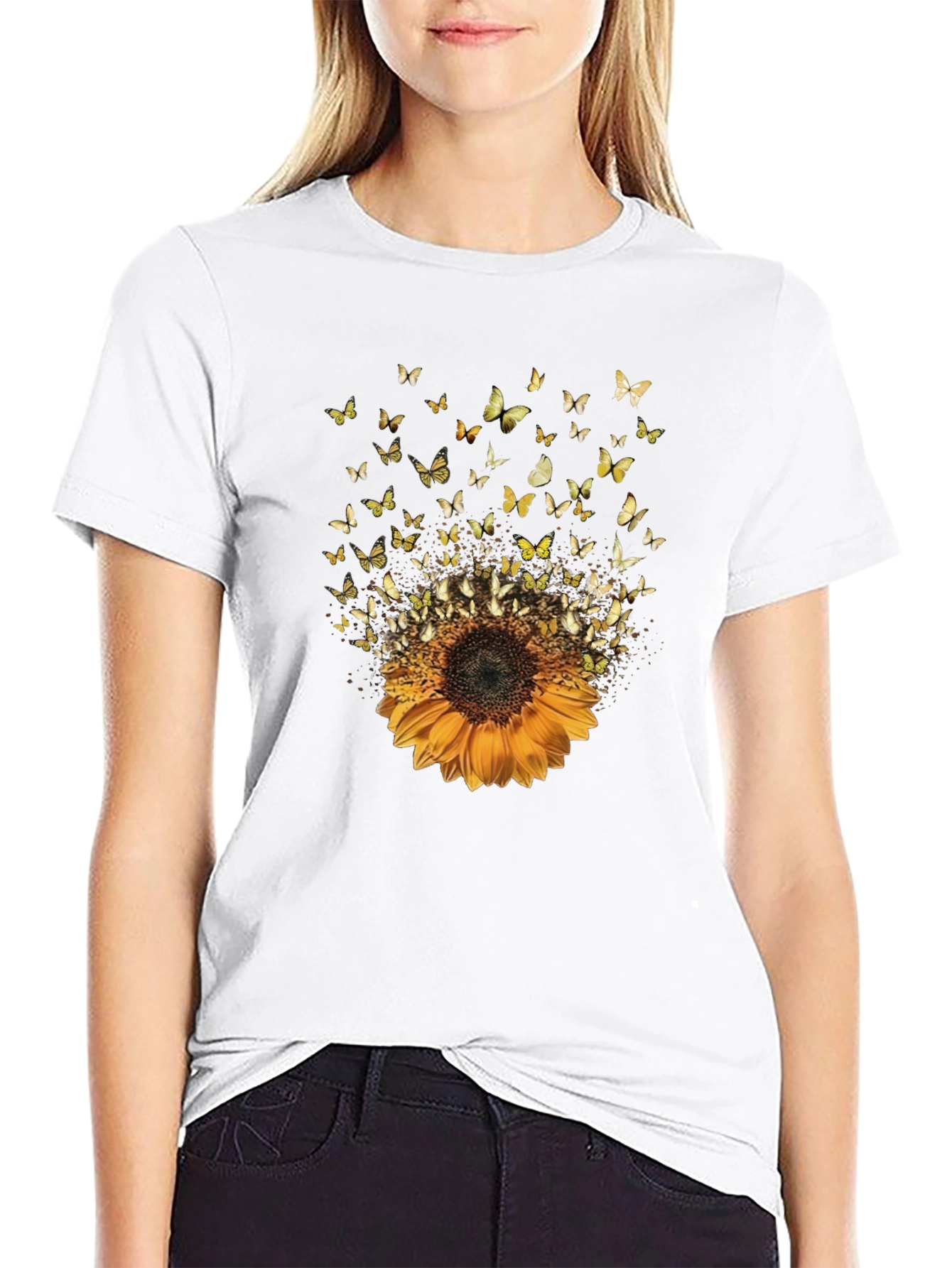 Sunflower Butterfly Black T-Shirt