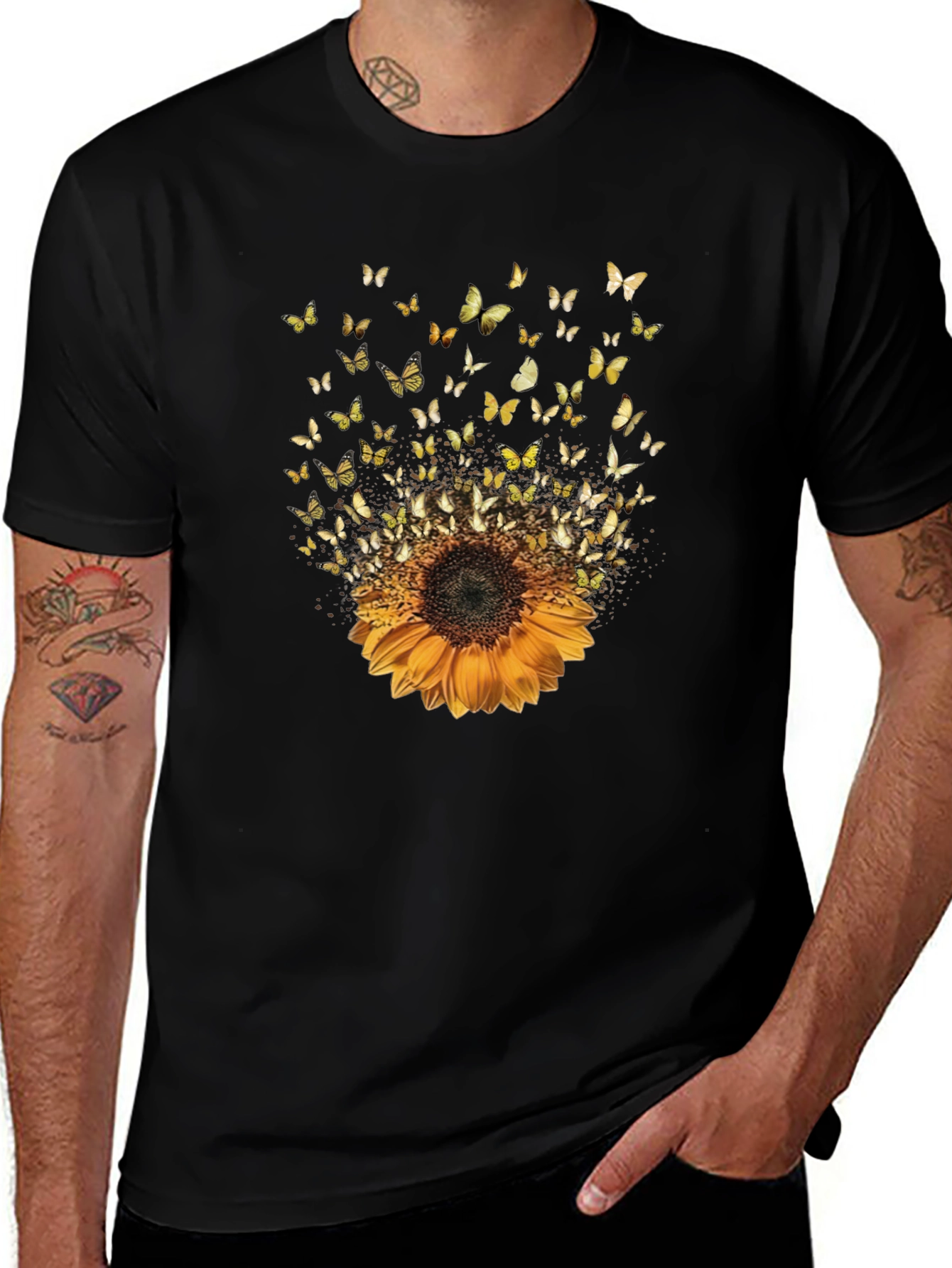 Sunflower Butterfly Black T-Shirt