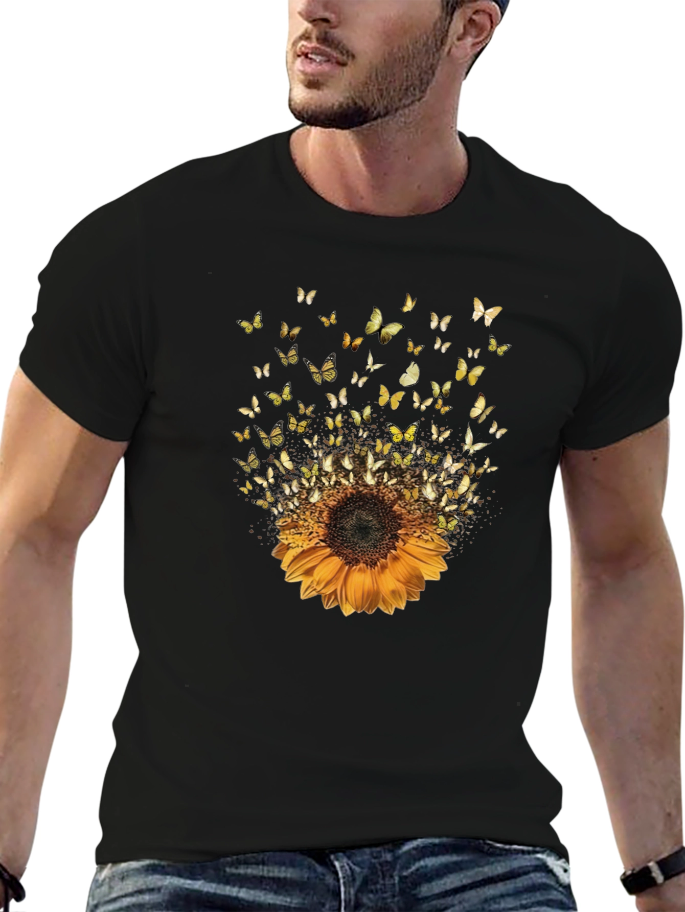 Sunflower Butterfly Black T-Shirt
