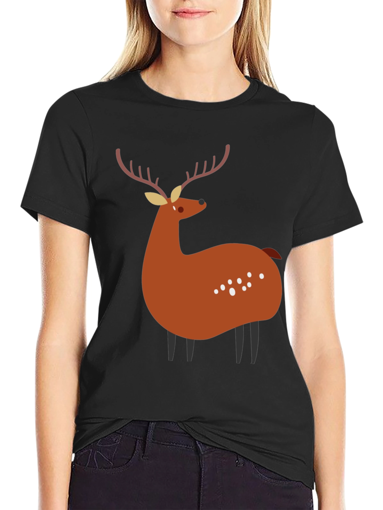Whimsical Deer Graphic Tee - Casual Black T-Shirt