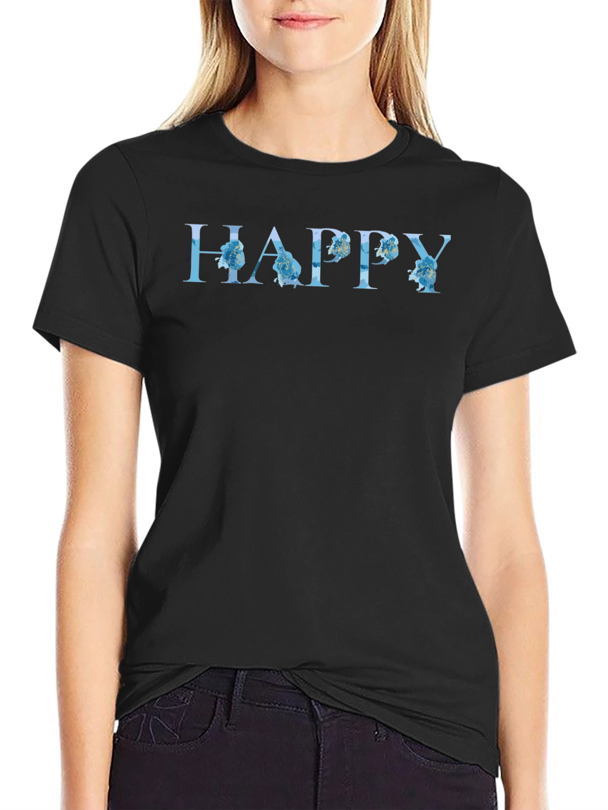 Floral HAPPY Graphic Black T-Shirt