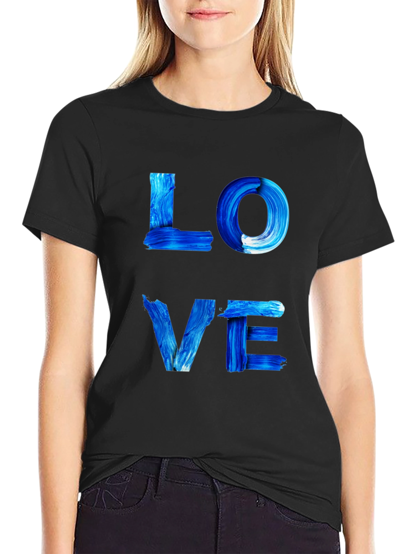 Blue Paint Stroke LOVE Graphic Black T-Shirt