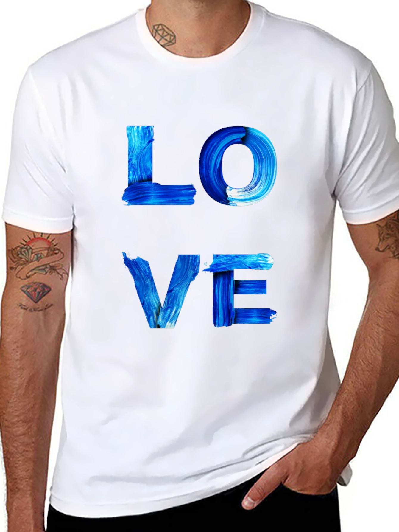 Blue Paint Stroke LOVE Graphic Black T-Shirt