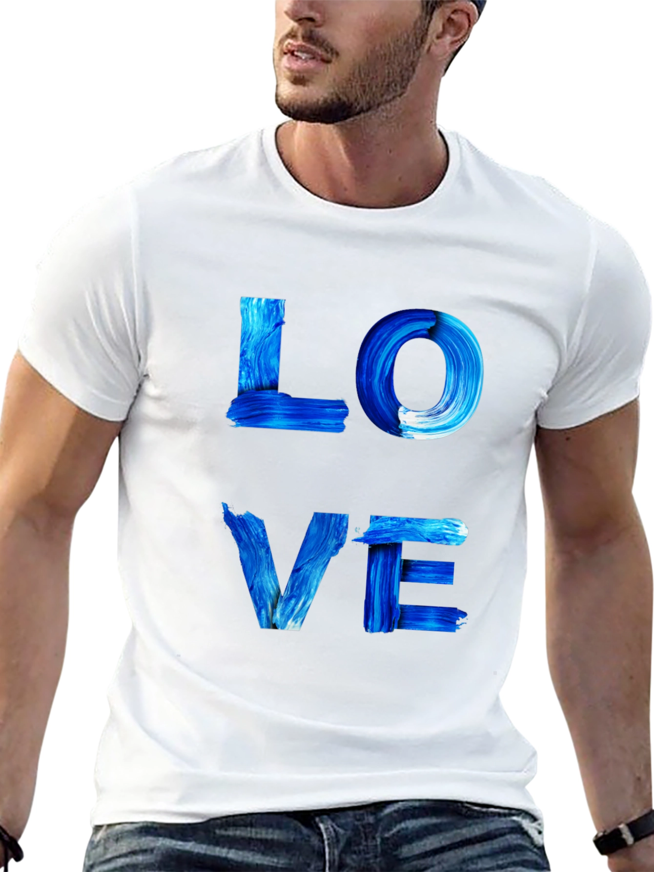 Blue Paint Stroke LOVE Graphic Black T-Shirt