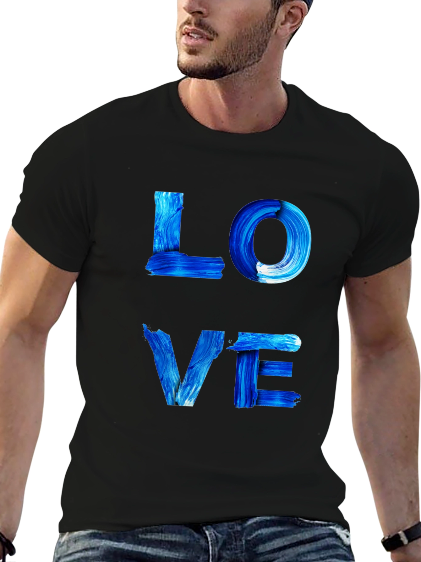 Blue Paint Stroke LOVE Graphic Black T-Shirt