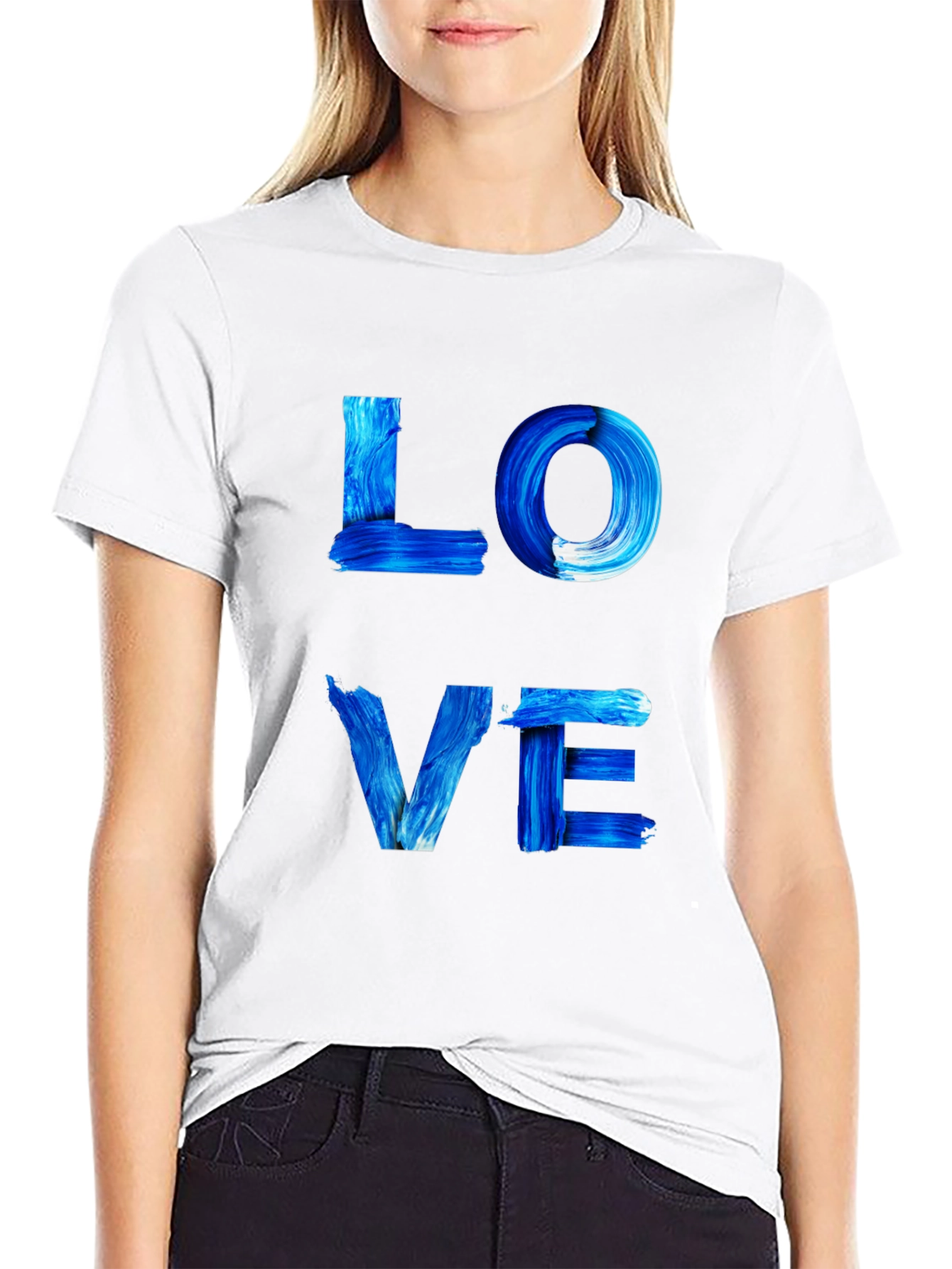 Blue Paint Stroke LOVE Graphic Black T-Shirt