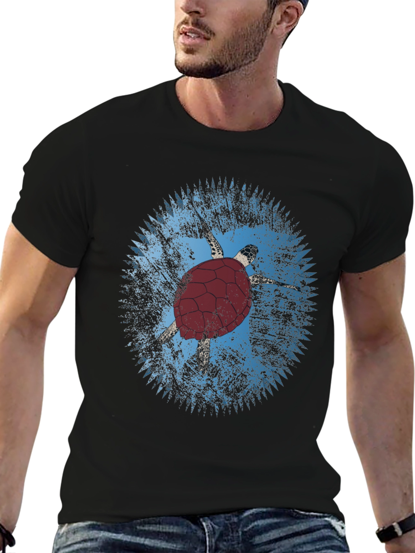 Turtle Graphic Tee - Black Cotton Casual Shirt