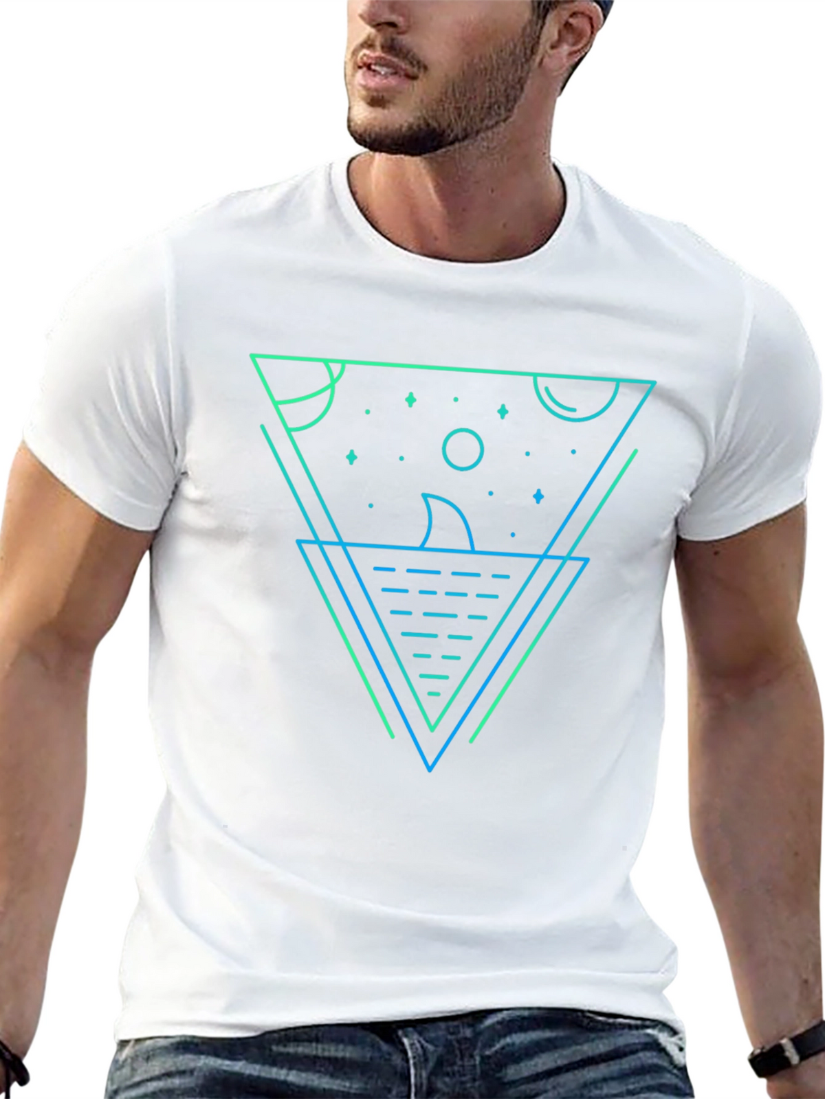 Geometric Shark Graphic Tee - Black Cotton Blend
