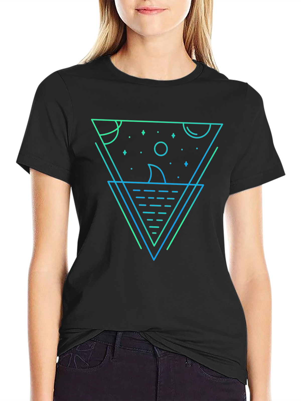 Geometric Shark Graphic Tee - Black Cotton Blend