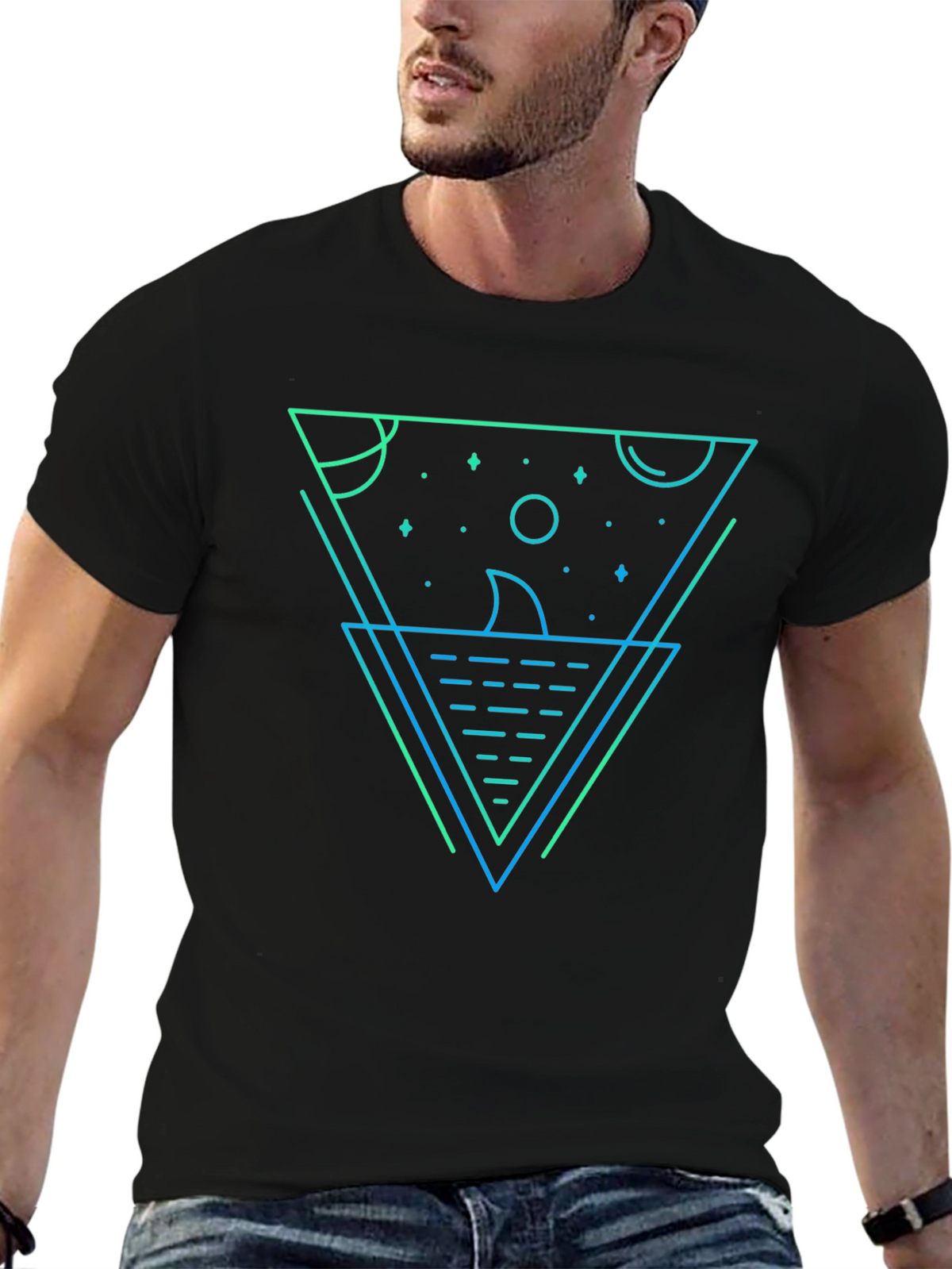 Geometric Shark Graphic Tee - Black Cotton Blend