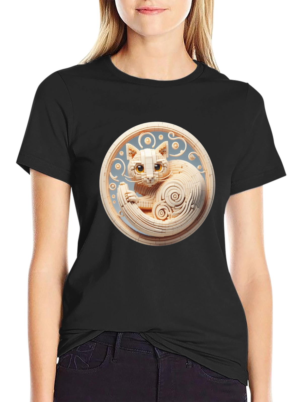 Black T-Shirt with 3D Cat Design