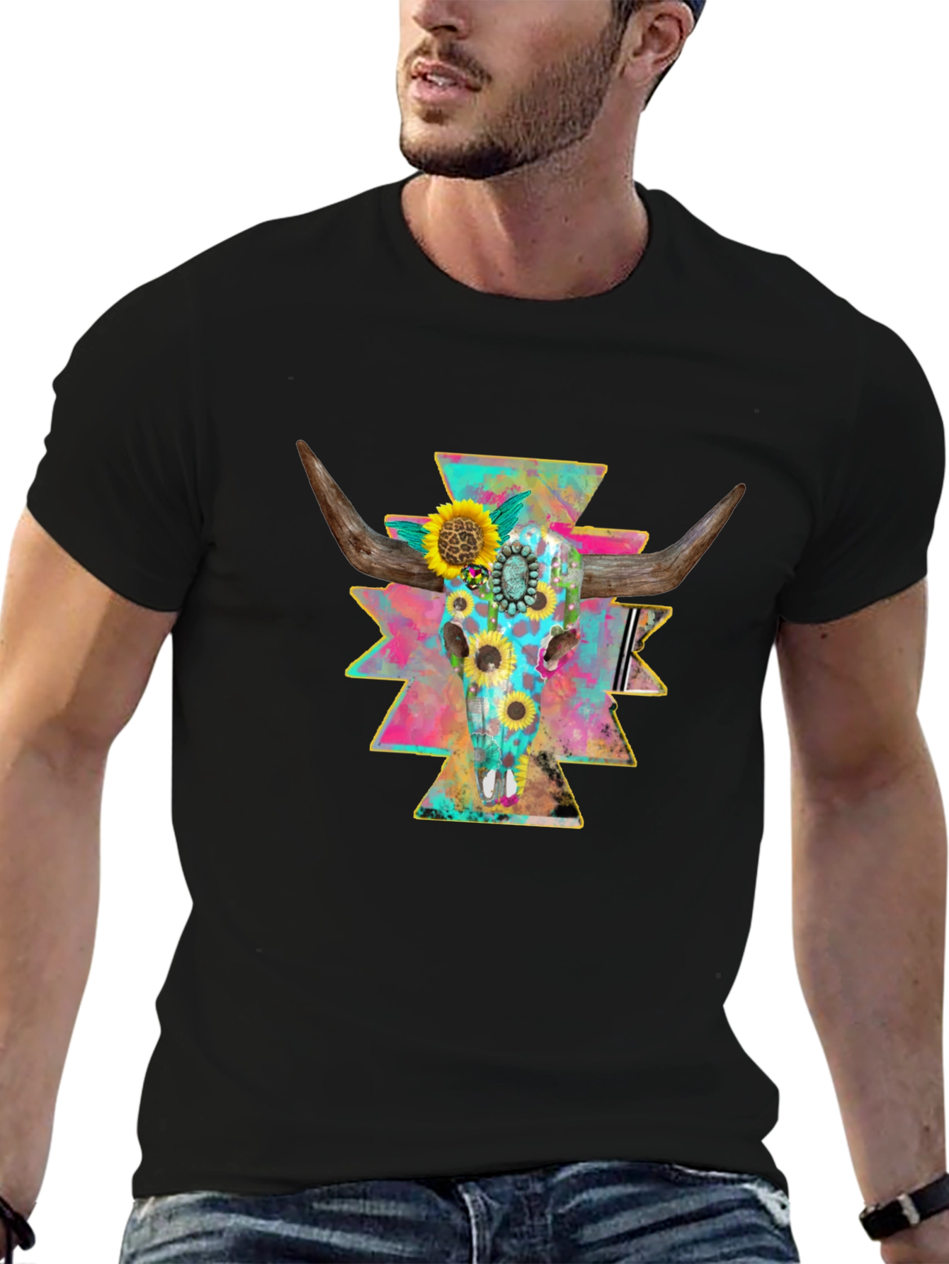 Skull & Sunflower Graphic Print Tee - Western Style