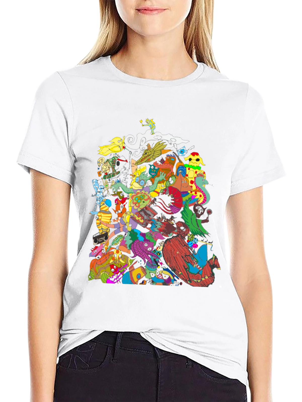 Mens Black Graphic T-Shirt - Funky Cartoon Characters