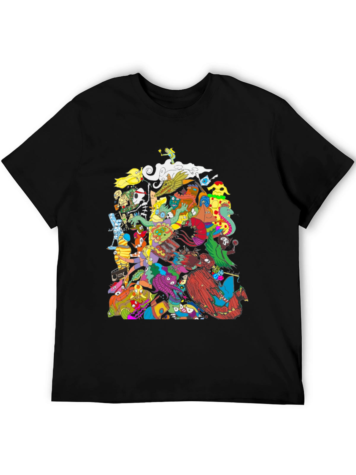 Mens Black Graphic T-Shirt - Funky Cartoon Characters