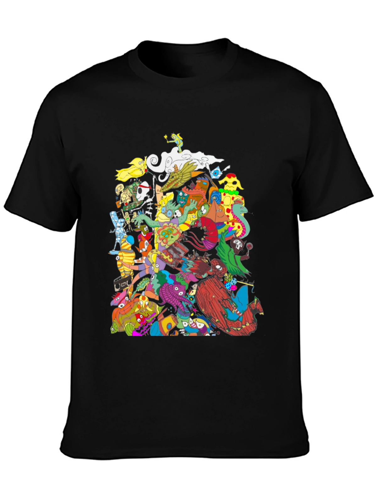 Mens Black Graphic T-Shirt - Funky Cartoon Characters