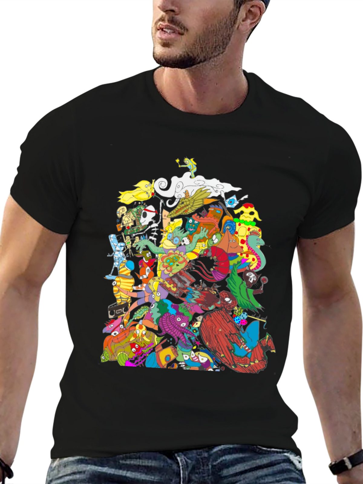 Mens Black Graphic T-Shirt - Funky Cartoon Characters