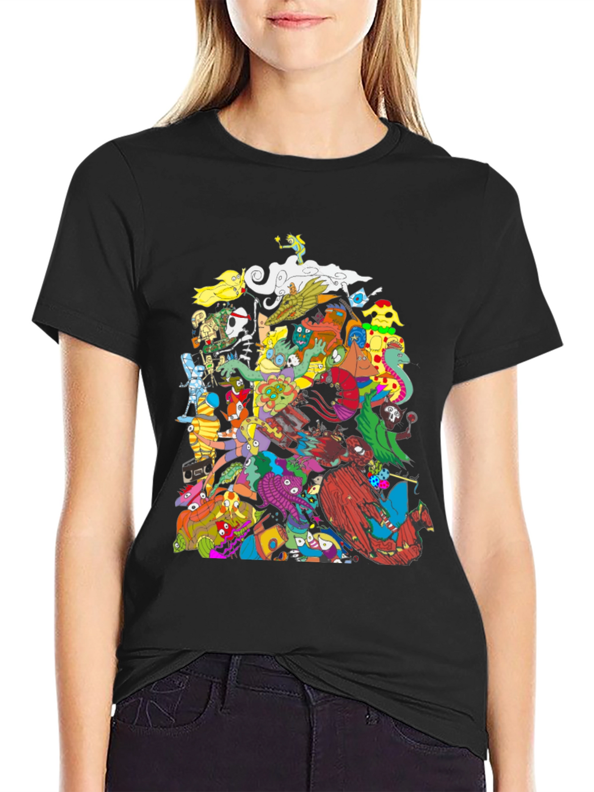 Mens Black Graphic T-Shirt - Funky Cartoon Characters