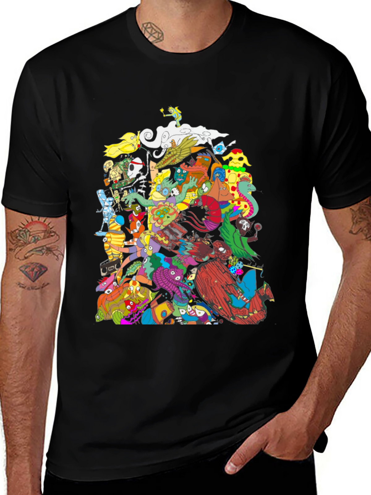 Mens Black Graphic T-Shirt - Funky Cartoon Characters
