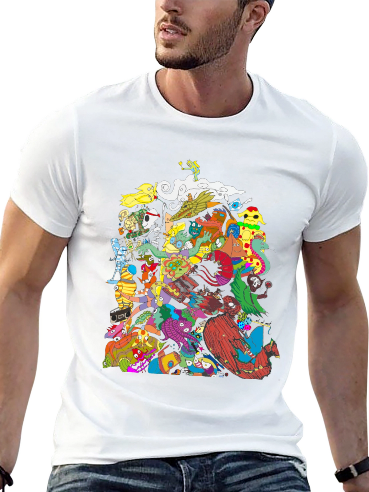 Mens Black Graphic T-Shirt - Funky Cartoon Characters