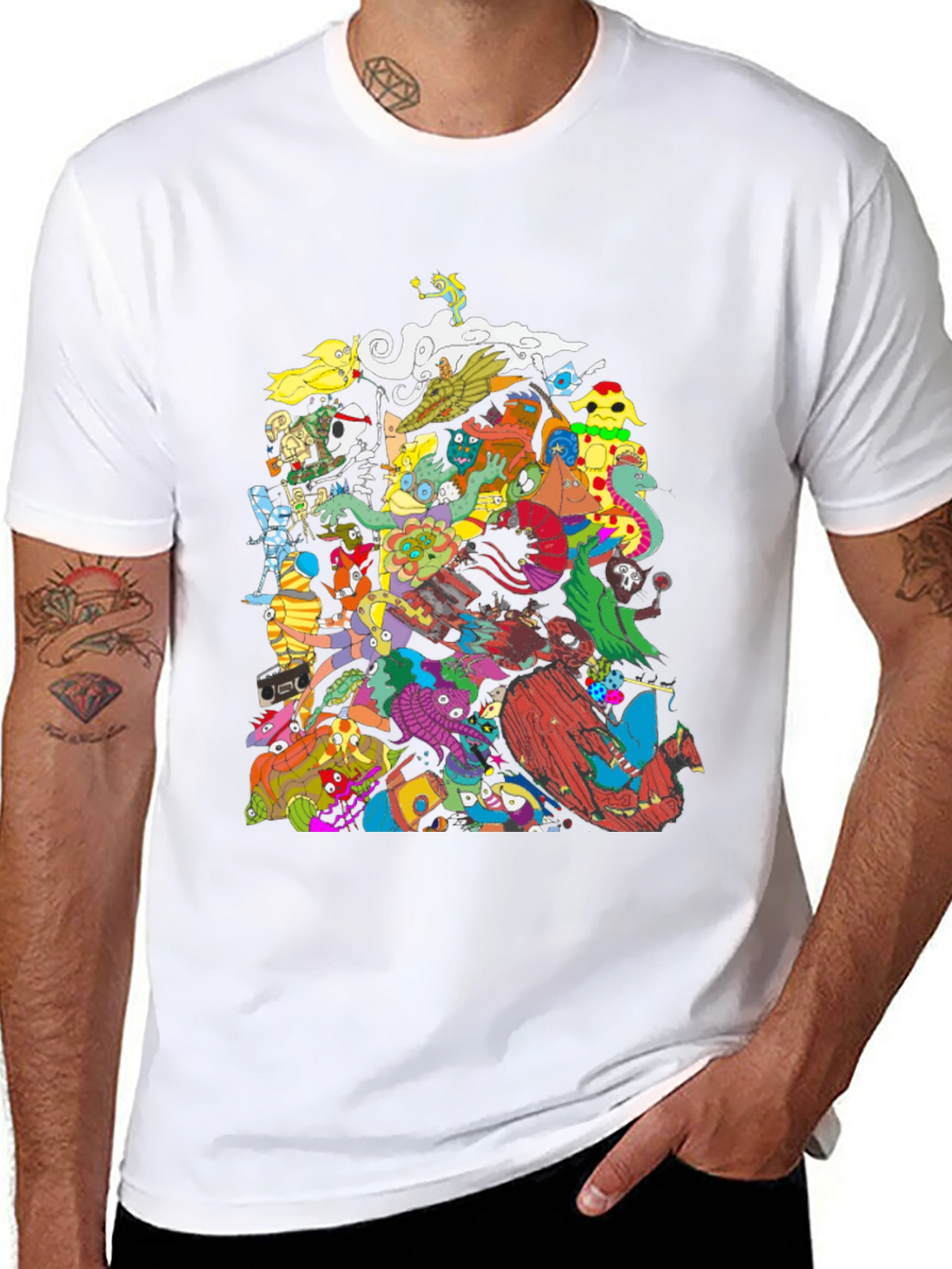 Mens Black Graphic T-Shirt - Funky Cartoon Characters