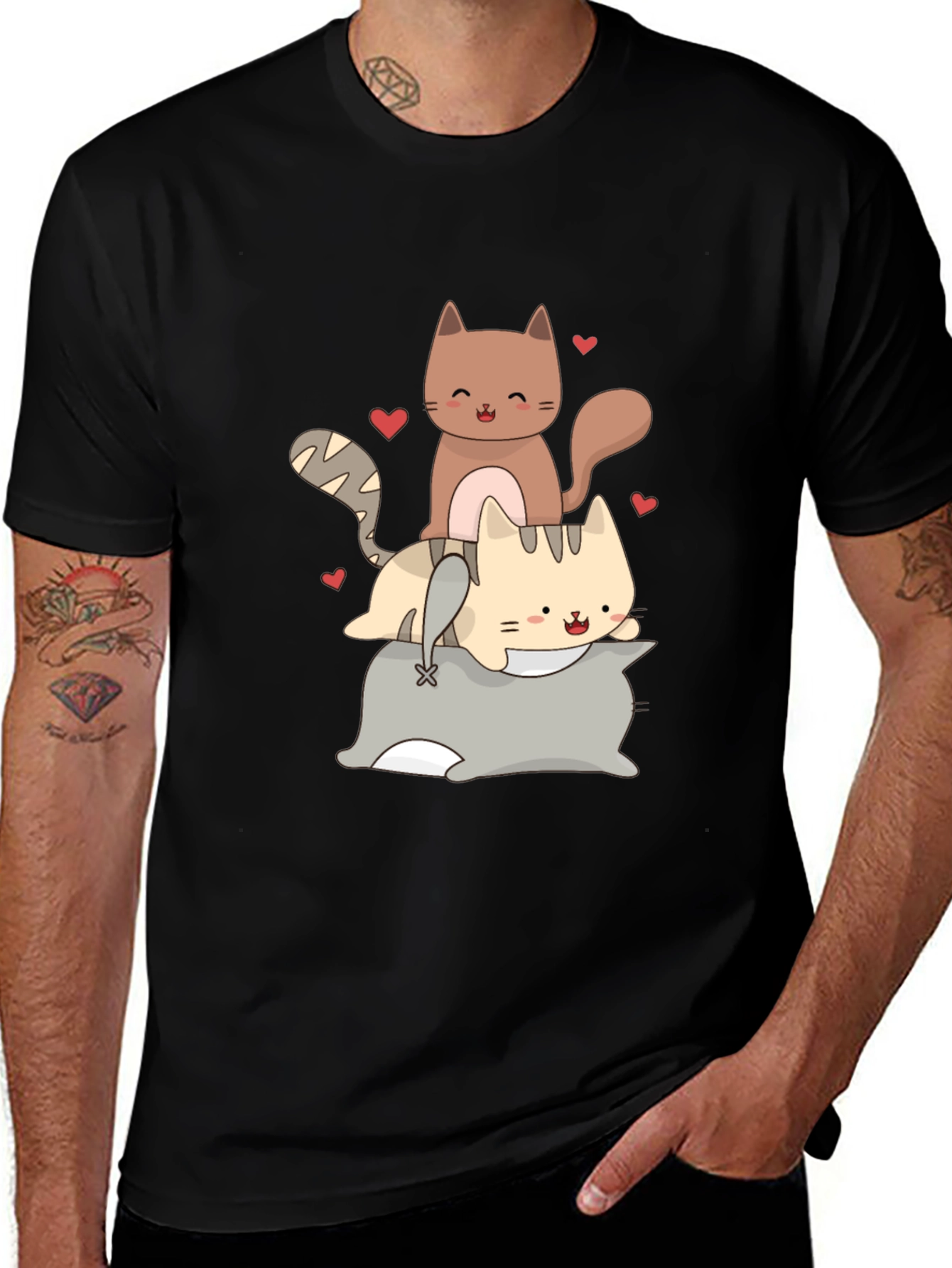 Cute Cats Stacked on Pillow Graphic Tee