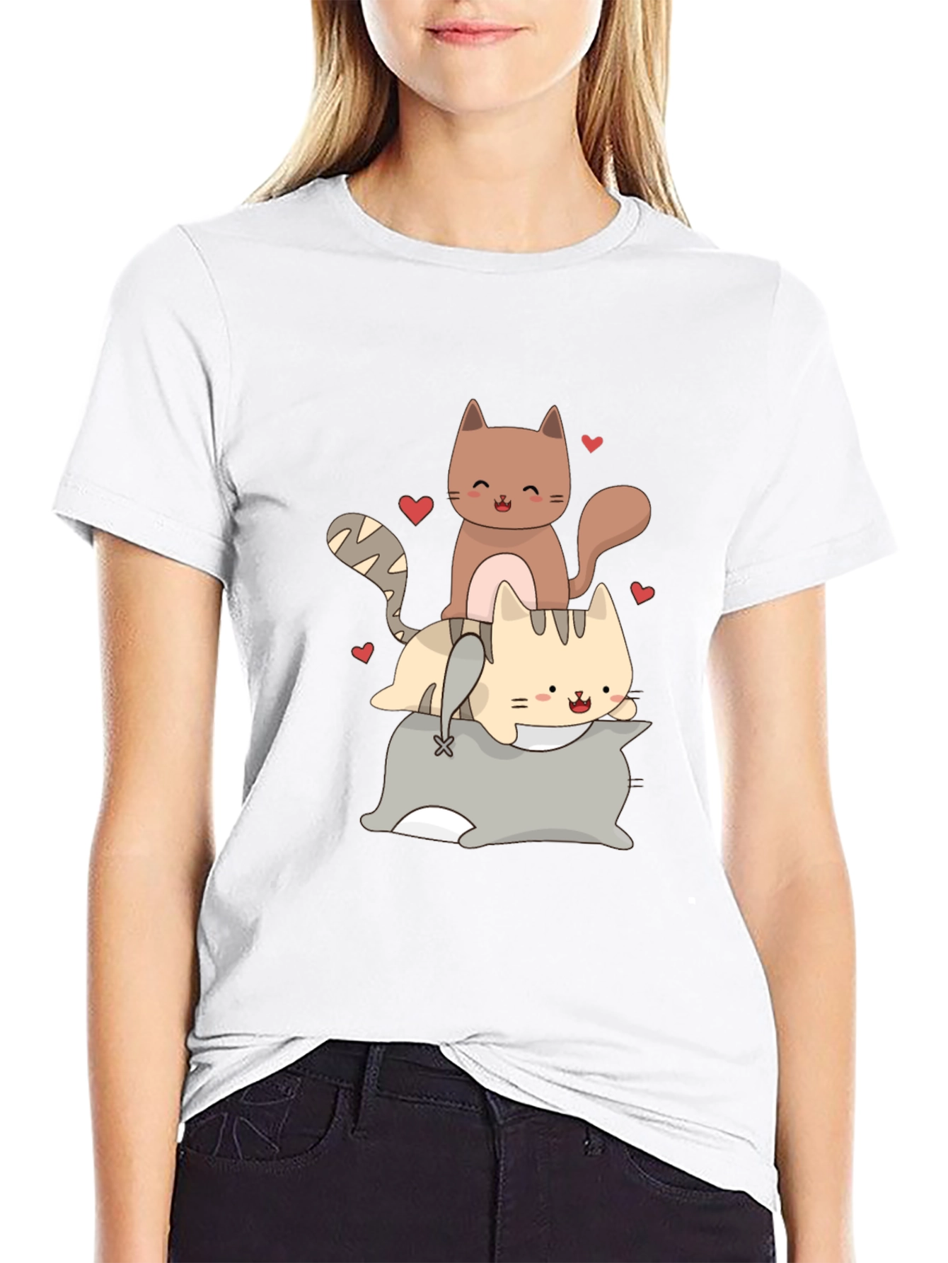 Cute Cats Stacked on Pillow Graphic Tee
