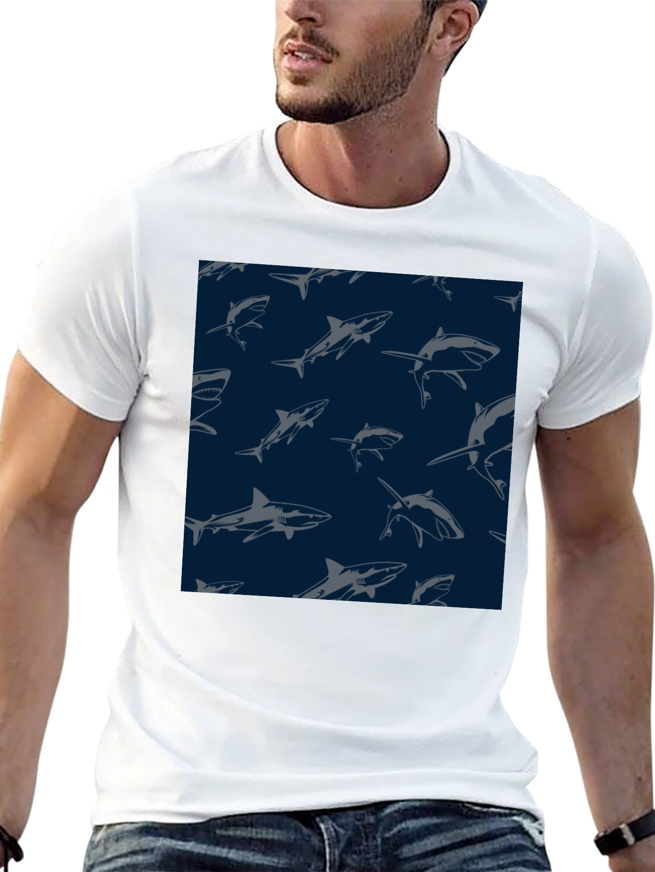 Shark Pattern Tee - Black Unique Design
