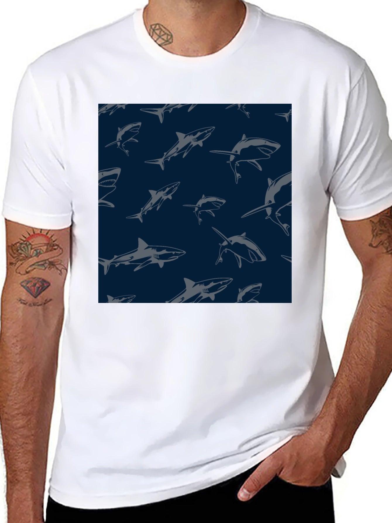 Shark Pattern Tee - Black Unique Design