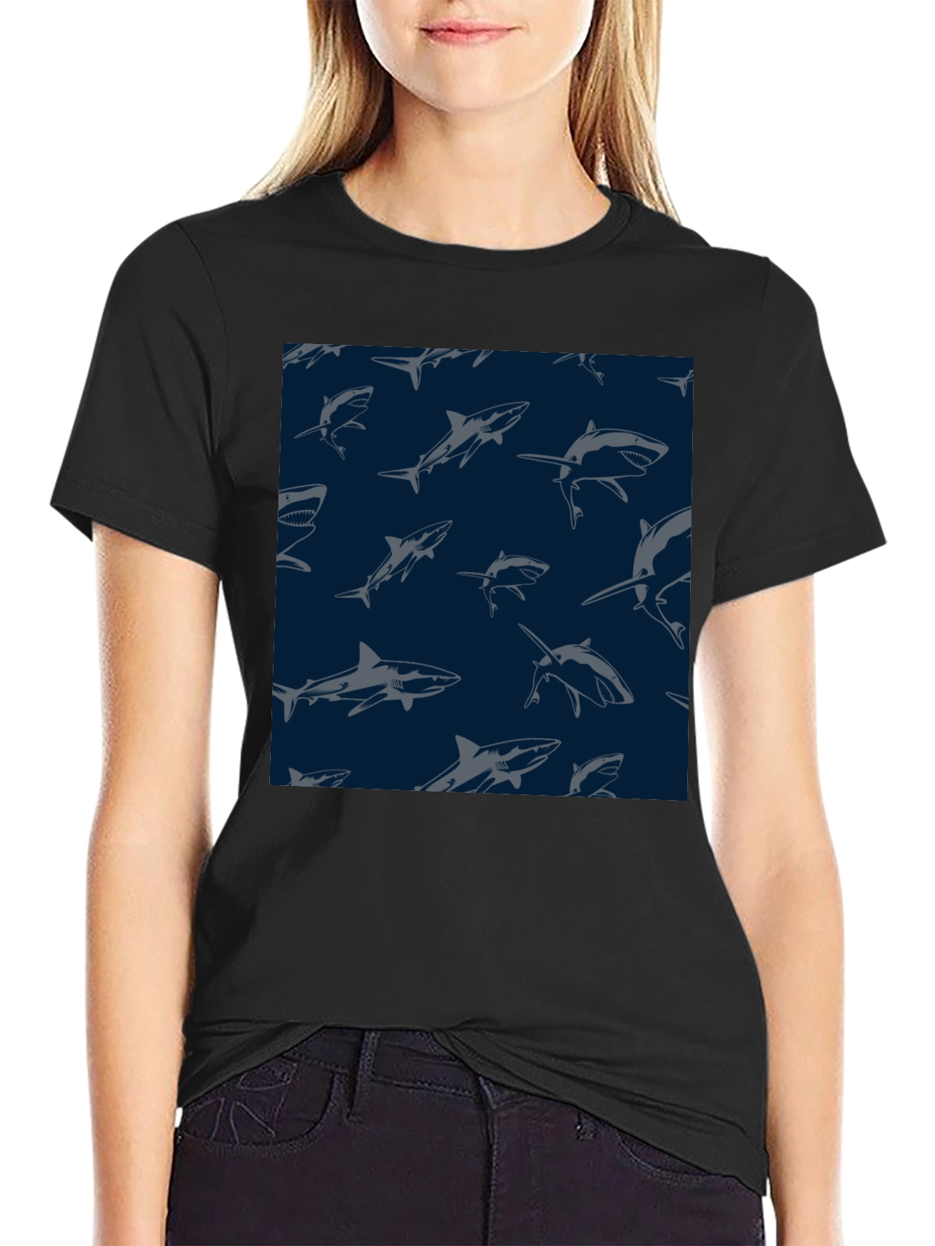 Shark Pattern Tee - Black Unique Design