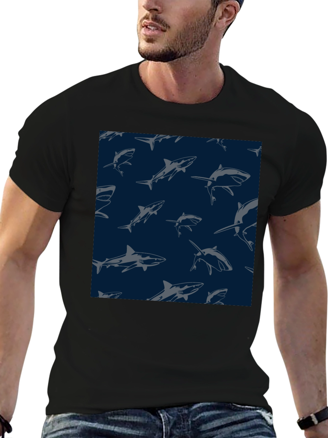 Shark Pattern Tee - Black Unique Design