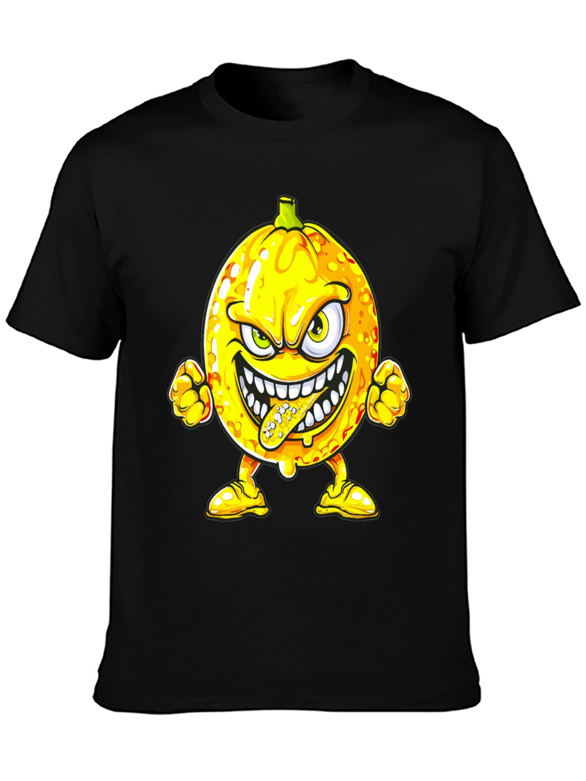 Mens Black T-Shirt with Cartoon Lemon Print