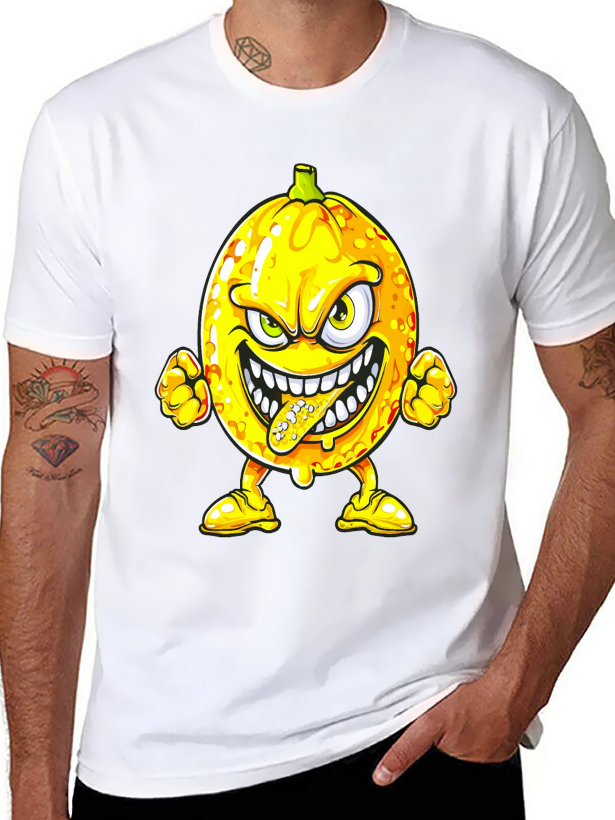 Mens Black T-Shirt with Cartoon Lemon Print