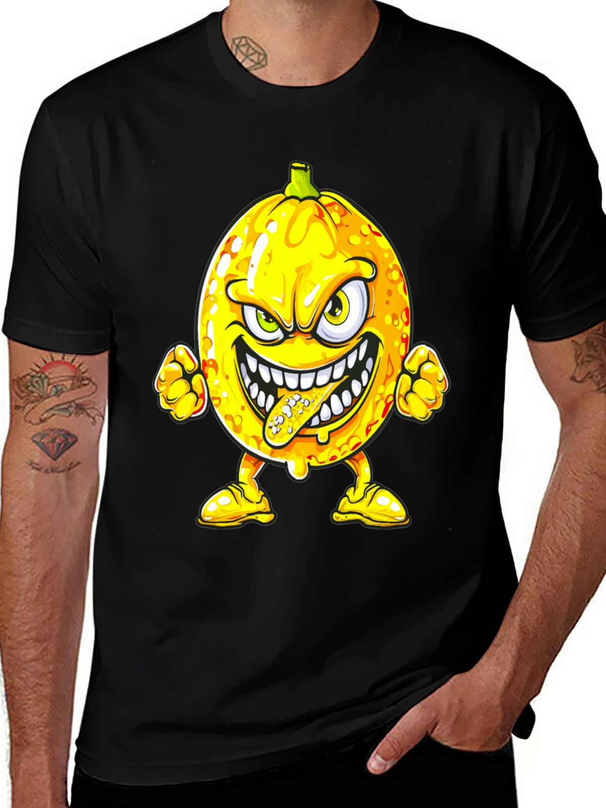Mens Black T-Shirt with Cartoon Lemon Print