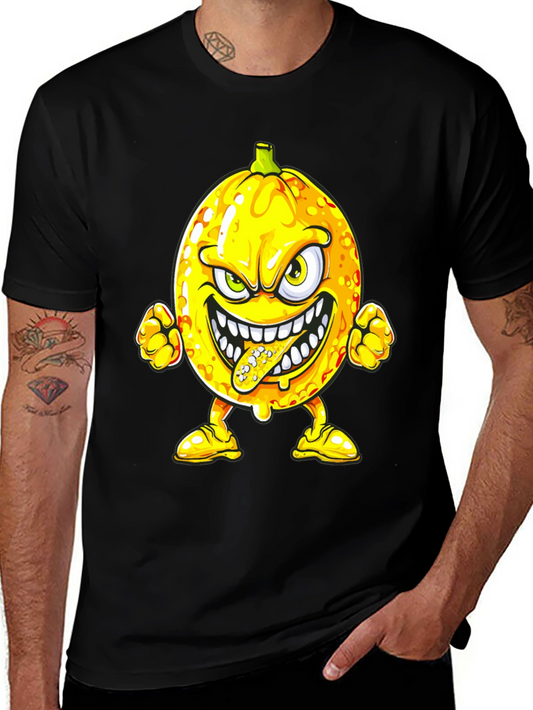 Mens Black T-Shirt with Cartoon Lemon Print